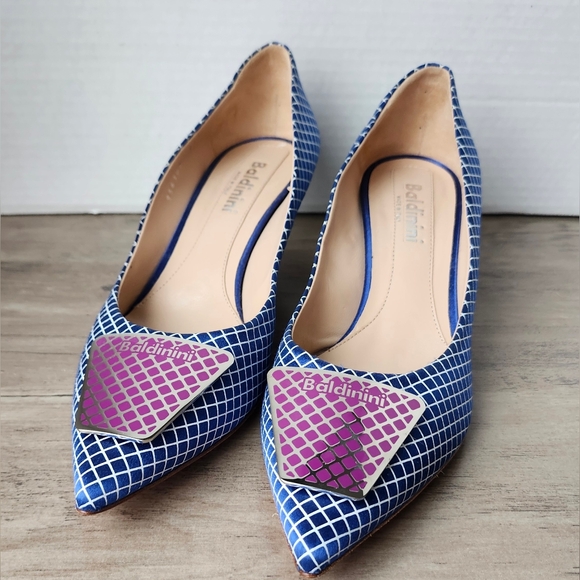 Baldinini Shoes - Baldinini Italian Designer Grid Print Kitten Heel Pumps Size 37.5 Made in Italy